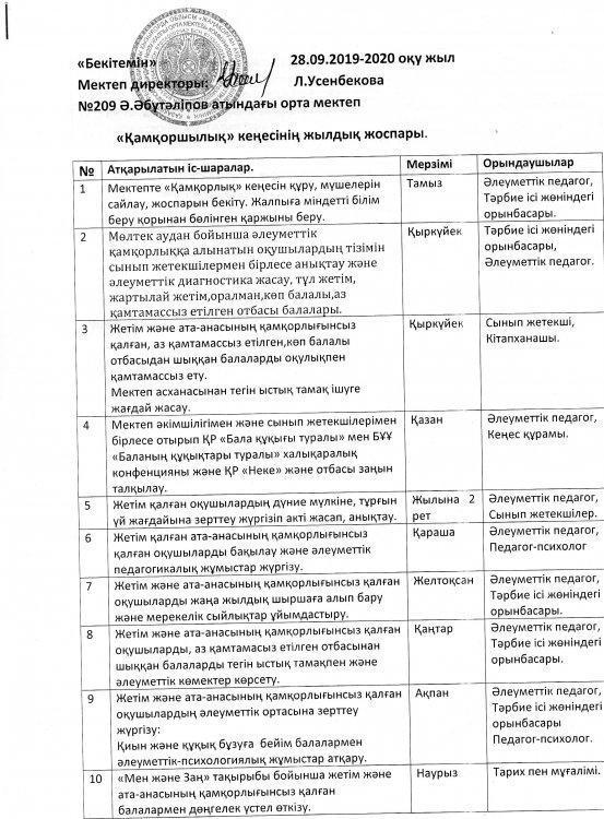 Қамқоршылық кеңесінің жылдық жоспары