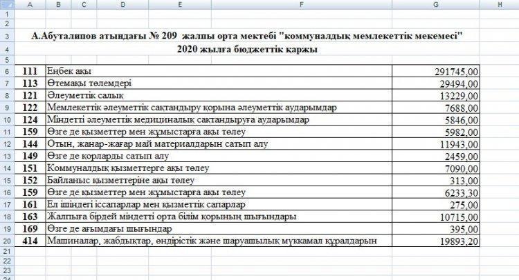 А.Абуталипов атындағы № 209  жалпы орта мектебі "коммуналдық мемлекеттік мекемесі"2020 жылға бюджеттік қаржы